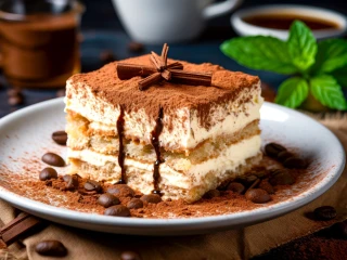 Kawałek ciasta tiramisu z mascarpone