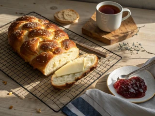 Upieczona chałka leży na kratce do pieczenia, obok stoi talerzyk z dżemem oraz kubek herbaty