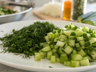 Pokrojone ogórki i posiekany koperek na białym talerzu