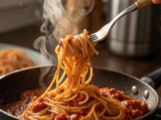 Spaghetti z tuńczykiem w sosie pomidorowym nałożone na widelec