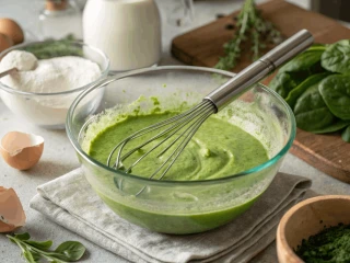 Gotowe ciasto szpinakowe w szklane misce