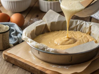 Wylewanie gotowej masy serowej do brytfanki wyłożonej papierem do pieczenia