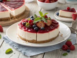 Sernik jaglany z musem owocowym przystrojony świeżymi owocami