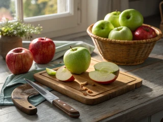 Krojenie jabłek na drewnianej desce