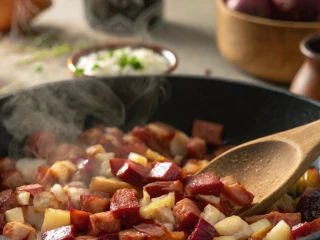 Słonina, buraki i cebula podsmażane na patelni