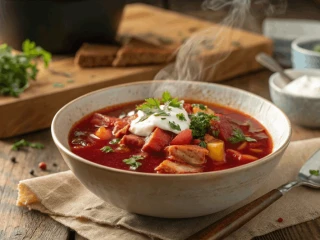 Miska barszczu ukraińskiego ze śmietaną i natką pietruszki