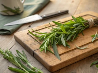 Gałązki estragonu leżące na drewnianej desce do krojenia