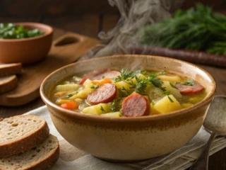 Kapuśniak z młodej kapusty z ziemniakami i kiełbasą