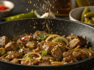 Żołądki gęsie z cebulą i przyprawami na patelni