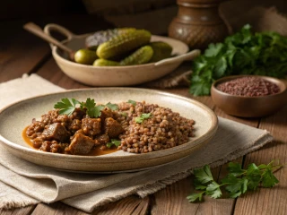 Gulasz z żołądków gęsich podany z kaszą gryczaną