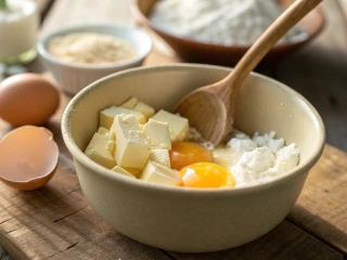 Masło, żółtka i biały ser w białej misce