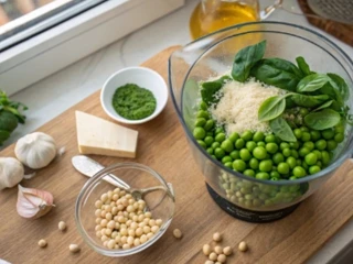 Składniki na pastę kanapkową z zielonego groszku umieszczone w kielich blendera