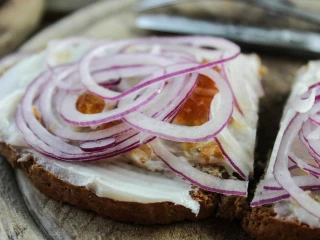 Kromka razowego chleba posmarowana gęsim smalcem, obficie udekorowana cienkimi pierścieniami czerwonej cebuli