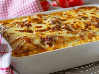 Zapiekanka makaronowa z kurczakiem i warzywami w naczyniu