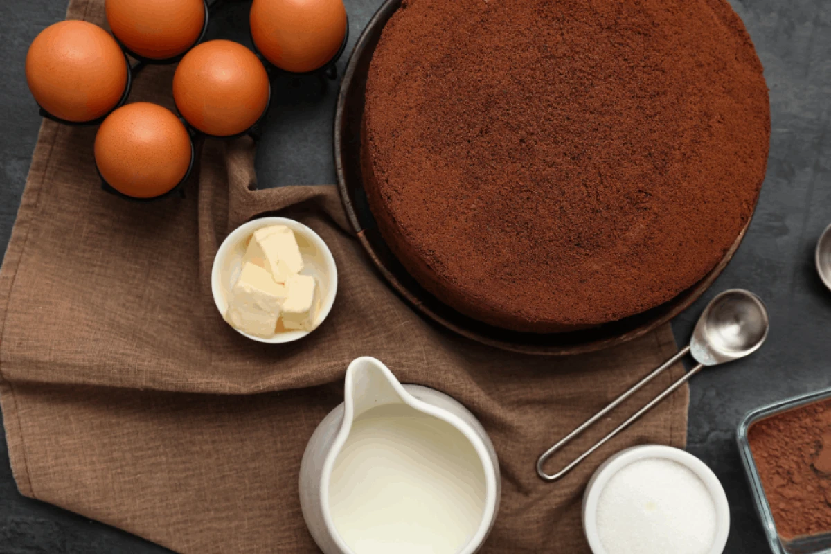 Czekoladowy biszkopt, obok stoją składniki na biszkopt