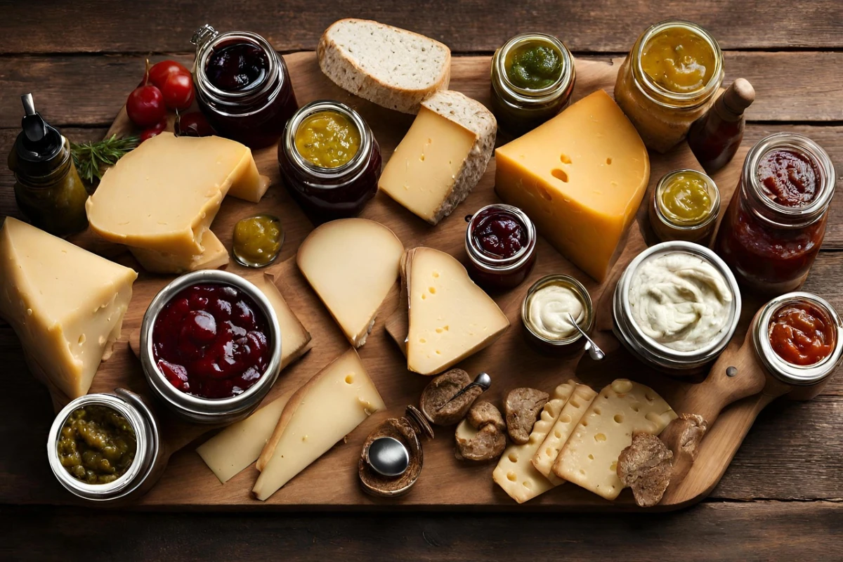 Deska serów z różnymi gatunkami serów, pieczywem, świeżymi warzywami i kilkoma rodzajami konfitur oraz kremowych dodatków w słoiczkach na drewnianym blacie