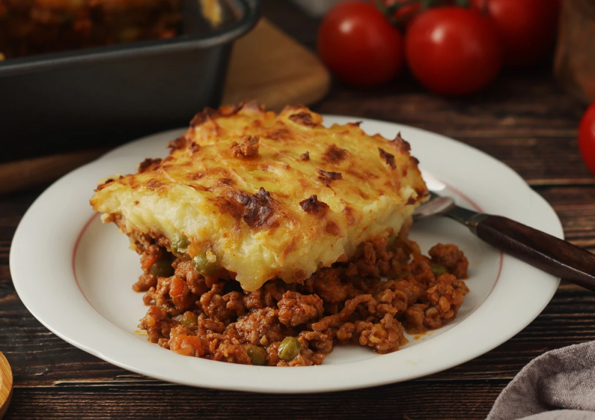 Kawałek zapiekanki pasterskiej (shepherd's pie) podany na białym talerzu