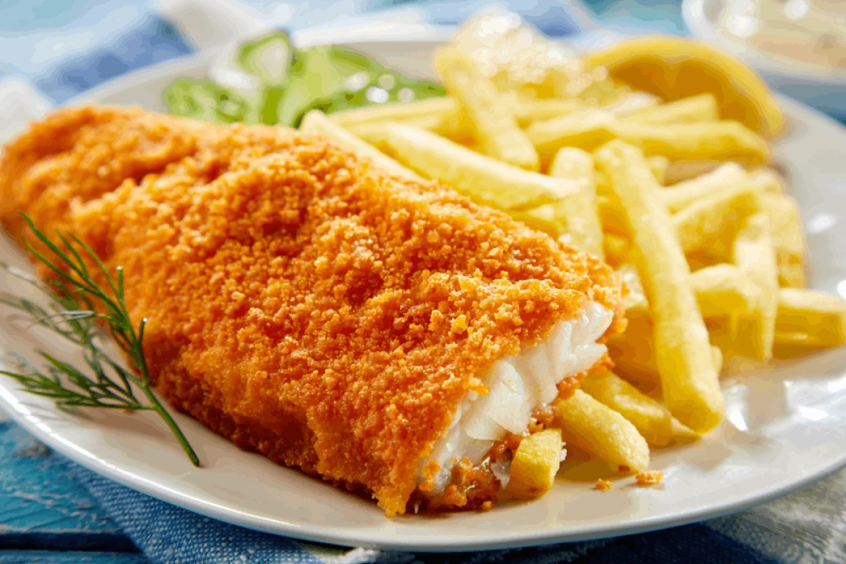 Klasyczne fish and chips podane na białym talerzu