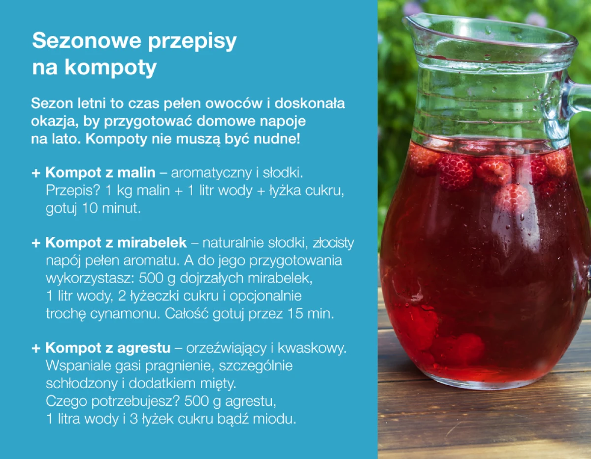 Sezonowe przepisy na kompoty - infografika