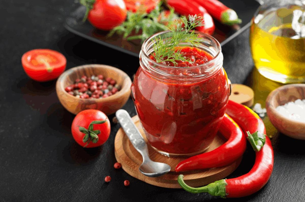 Sos meksykański w słoiku, obok leżą składniki na sos