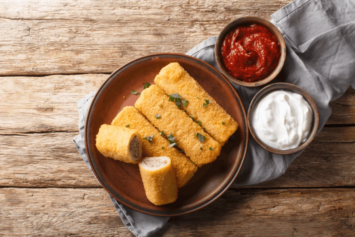 Usmażone krokiety podane z dwoma rodzajami sosów