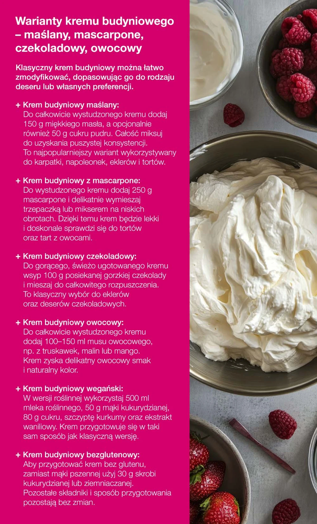 Warianty kremu budyniowego: maślany, mascarpone, czekoladowy, owocowy - infografika