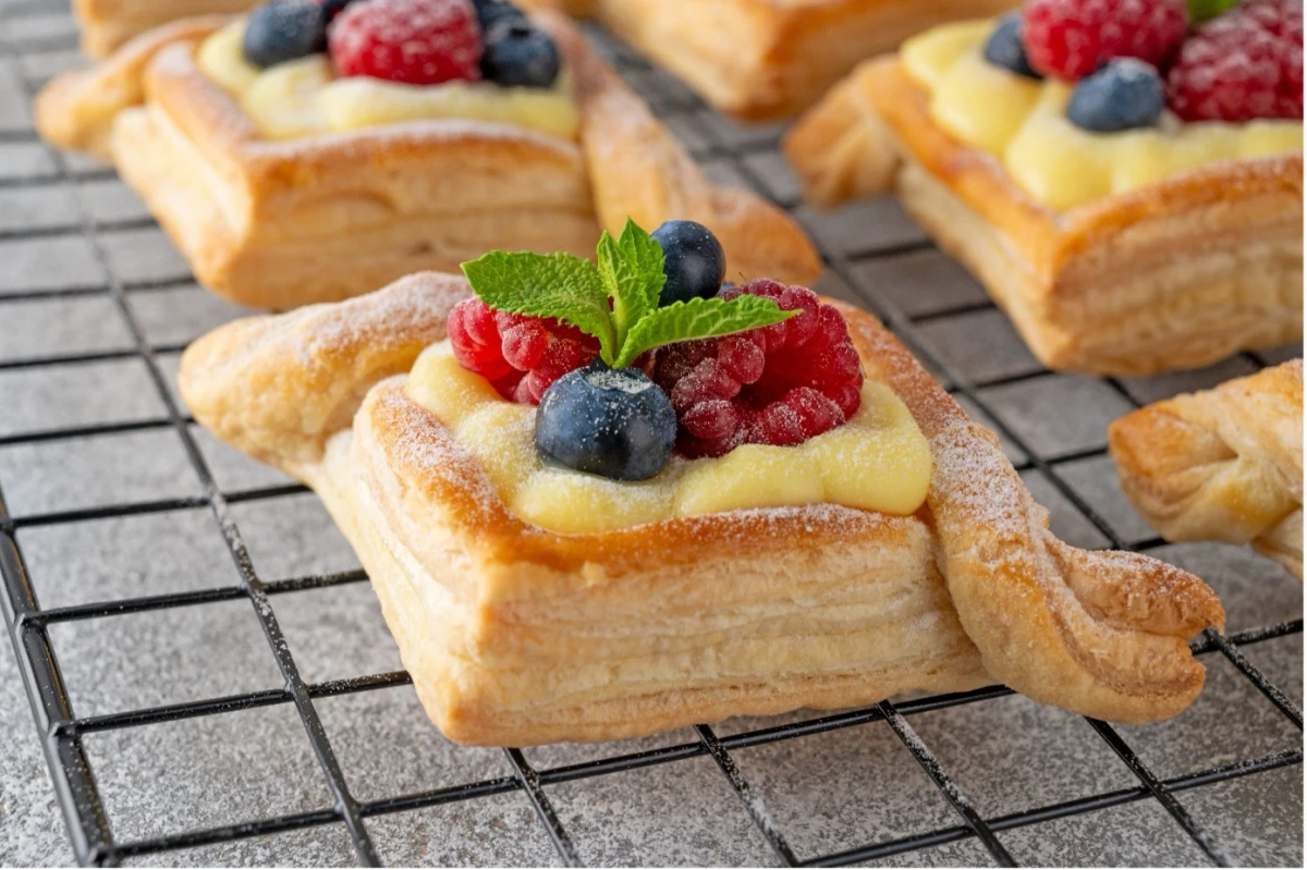 ciasteczka francuskie z budyniem i owocami